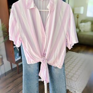 Striped Pink Tie-Front Blouse
